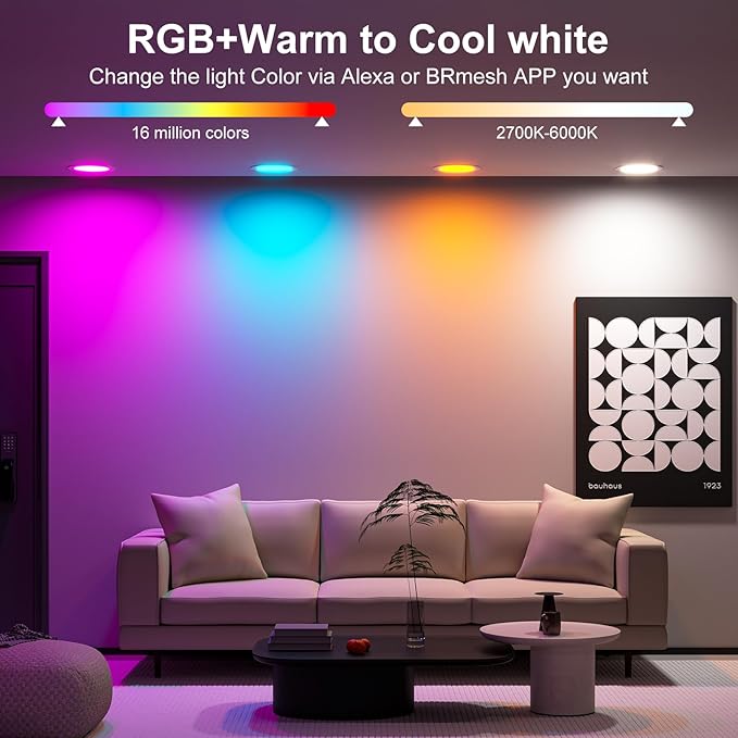 24Pack Smart Recessed Lighting 4 Inch RGBCW Color Changing 12W LED Downlight with Junction Box,1080 Lumen Recessed Ceiling Light Compatible with Alexa,Dimmable by Bluetooth Control