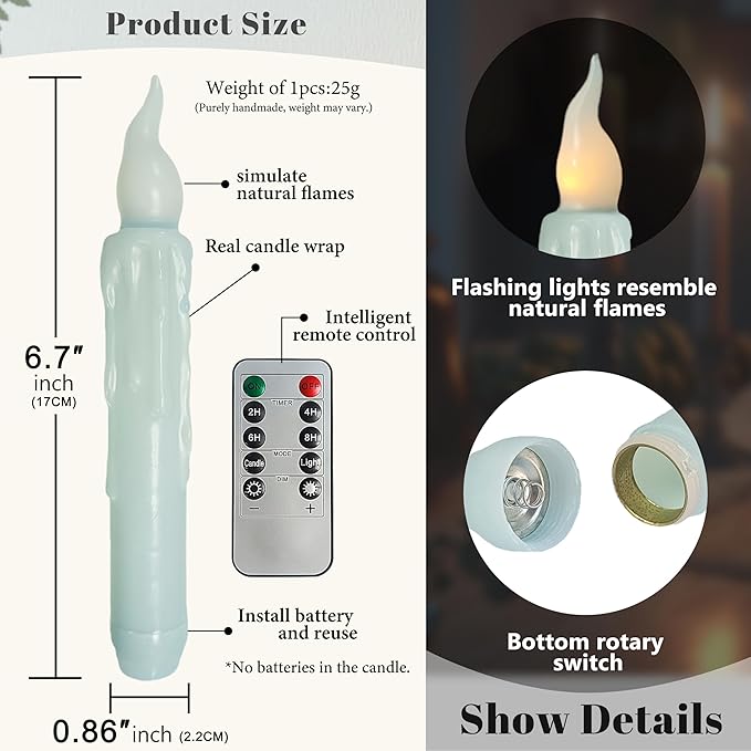 Blue Flameless Short Taper Candles, Real Wax Hand Dipped LED Battery Operated with Remote, Flickering Flame Lights for Festival Party Home Décor, 6.7 Inch Primitive Flameless Candles, 4PCS