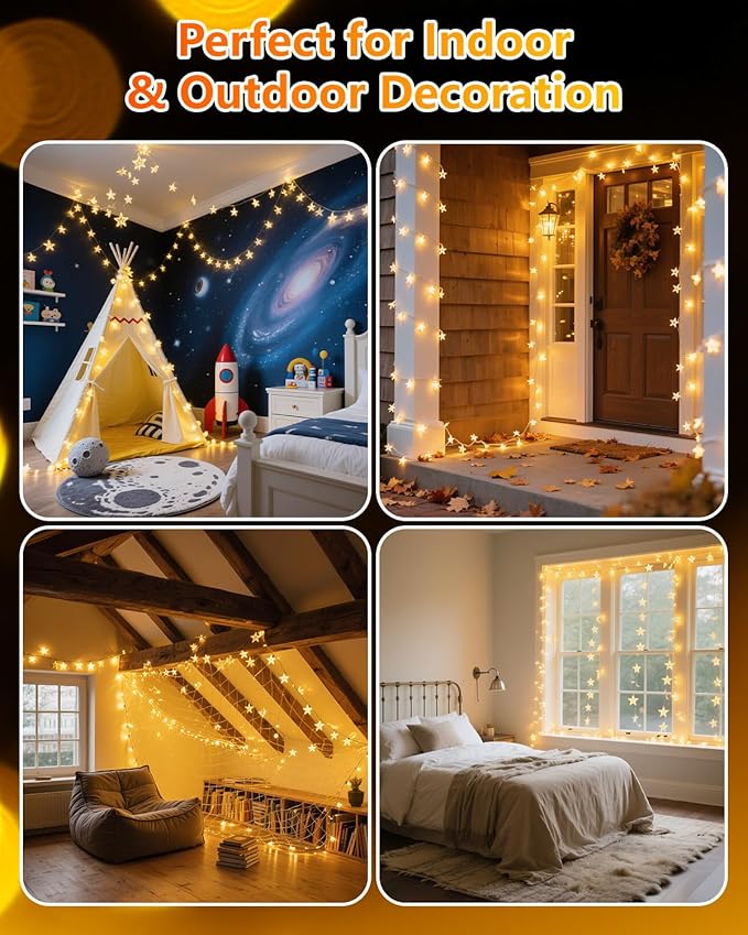 Twinkle Star 100 LED Star String Lights, 33FT Plug in Fairy String Lights Waterproof for Bedroom Decor, Indoor, Outdoor, Wedding Party, Christmas Tree, New Year, Ramadan, Warm White