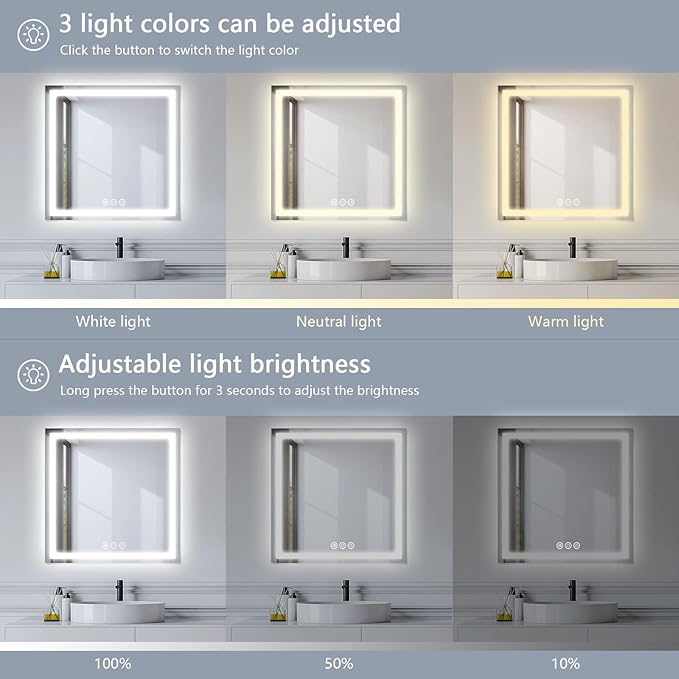 Led Bathroom Mirror with Light 36"x36" Frameless Lighted Vanity Mirror Wall Mount, Fogless, 3 Color Mode, Stepless Dimmable Front Light and Backlit, Smart Touch Sensor, Tempered Glass