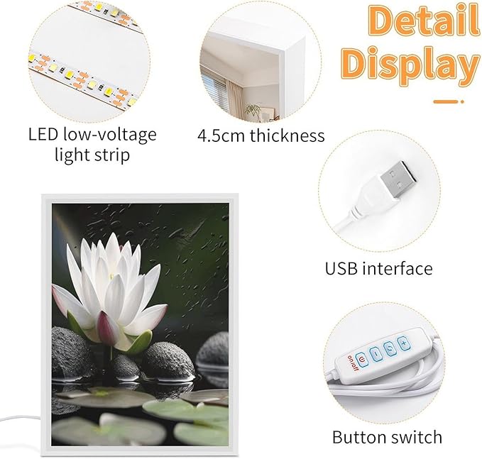 Acrylic LED Night Light, Lotus and Black Zen Stones Print Contemporary Lamp Bright Night Light Bedside Lamp Perfect for Bedroom,Bathroom Ideal Gift