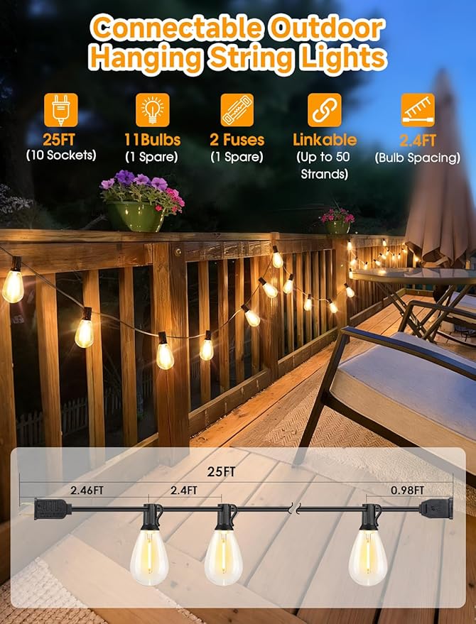 25FT LED Outdoor String Lights, 10+1 Edison S11 Dimmable Bulb Waterproof Patio Lights, Connectable Outside Hanging Strand for Backyard Garden