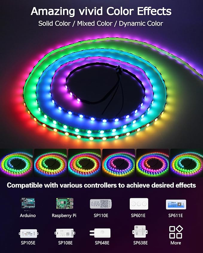ALITOVE WS2812B LED Strip, 5mm Width Super Narrow RGB Addressable Light Strip 6.6ft 120 LEDs Programmable Dream Color Digital Pixel Rope Light 5V for Home Theater Bedroom Bar Decor
