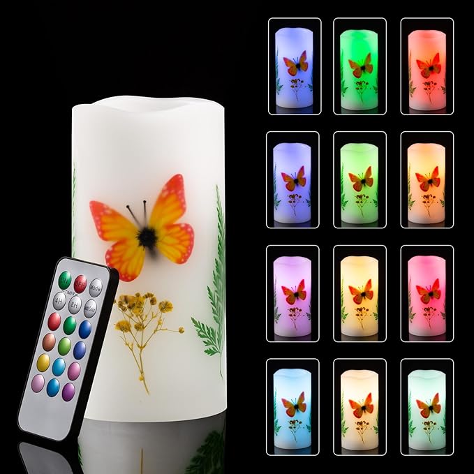 Flameless Candle with Remote Control, Battery Operated Led Light Electric Candles with Flickering Timer Dimmer Feature, Halloween Christmas Fall Home Decorations, 3 X 6 '' (Orange Butterfly Candle)