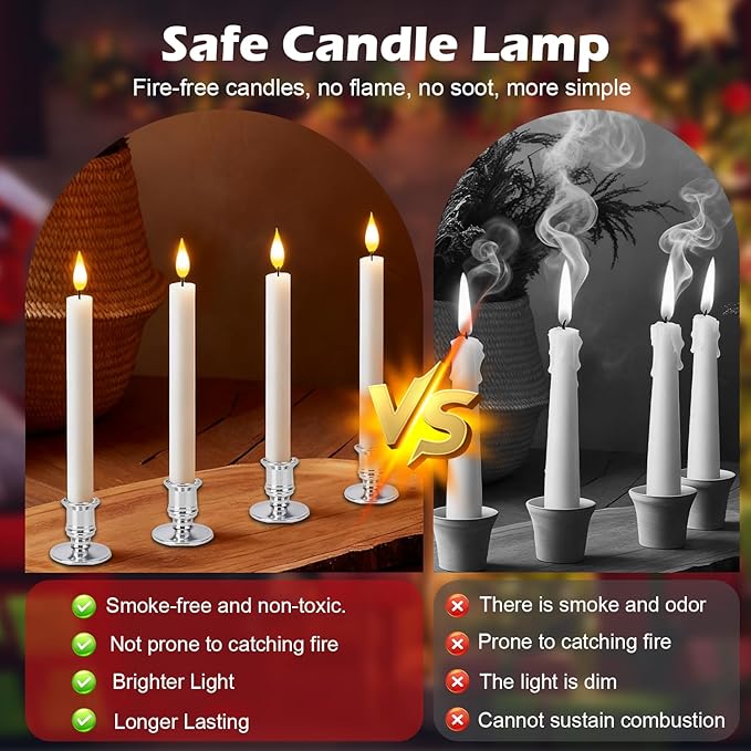 Pruk 10-Pack Flameless LED Candles w/Remote, Realistic Flickering Flame, Battery Operated Window Candles, Timer & Dimmer, Weighted Base, 10.8" Tall (Silver)