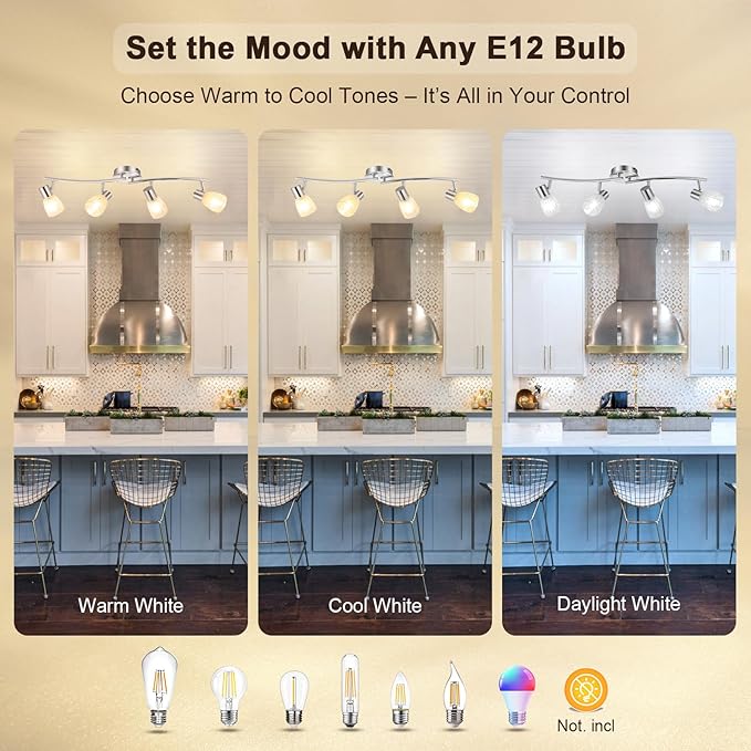 HiBay 4-Light Track Lighting Modern, Adjustable Ceiling Light Fixture w/Glass Shades, Metal Chrome Spotlight Indoor for Bathroom, Kitchen, Living Room, E12 Base, No Bulbs