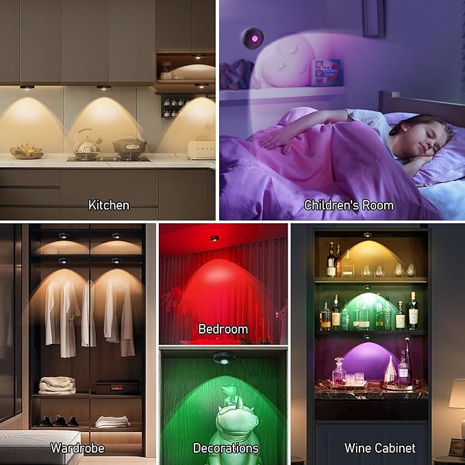 Rechargeable RGB Puck Lights with Remote Control,2000mAh High Capacity Battery Operated RGB Cabinet Lighting,Dimmable Tap Stick On& Magnetic Mount Wireless Closet Light for Kitchen Counter,Shelve