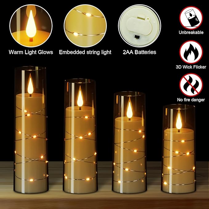 Wondise Flameless Flickering Candles with Embedded Star String Remote and Timer Battery Operated Flickering LED Candles Durable Acrylic Shell Pillar Candles for Christamas Home Decoration (4pack