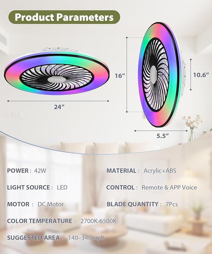 2-in-1 Low Profile Ceiling Fan with Light, 24” Caged Safety Design for Kids - RGB Color, Smart APP/Remote Control, Quiet Flush Mount DC Motor, Ideal for Bedroom/Living Room/Kitchen, Black