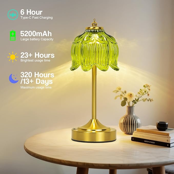 Cordless Lotus Flower Table Lamp, 5200mAh Rechargeable Battery Operated Portable Lamp, 3-Color Dimmable Touch Control Small Desk Lamp for Bedroom, Office, Kitchen, Nightstand,Room Decor(Green)