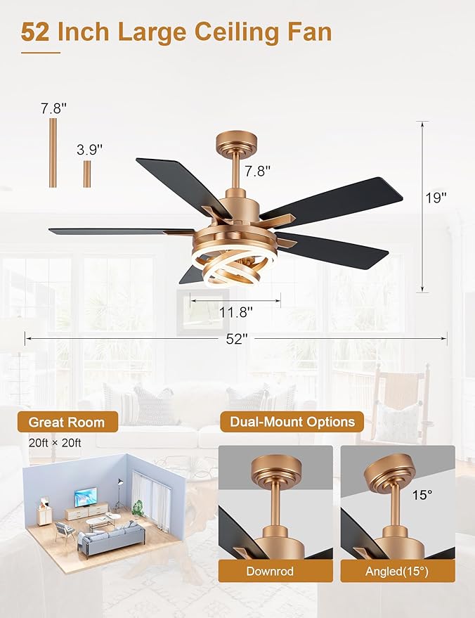 52" Gold Ceilling Fans with Lights Modern Chandelier Fan DC Motor Dimmable Led Fandelier Ceiling Fan with Light for Bedroom, Living Room