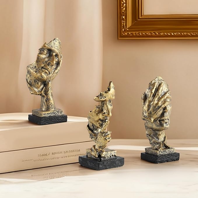 Modern Living Room Decoration - Gold Abstract Sculpture Decor for Shelves, Thinker Statues Set of 3, Resin Face Knick Knacks Home Decor for Office Bookshelf, Table, Gift for Friends