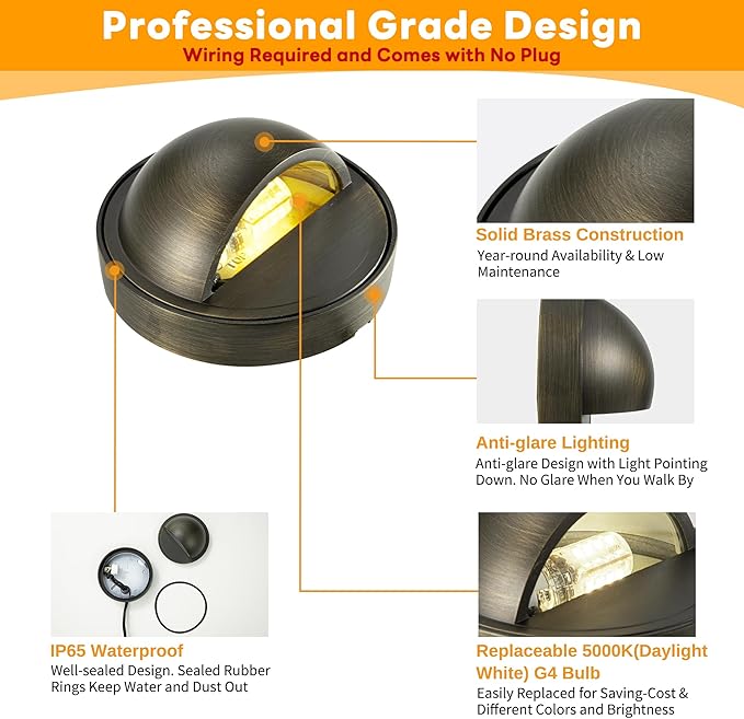 Gardenreet Low Voltage Deck Lights - Solid Brass Landscape Step Lights LED, 12V Hardwired IP65 Waterproof, Bronze Round Lighting for Stair Fence Wall Yard with 3W 5000K Daylight White G4 Bulb 4 Pack
