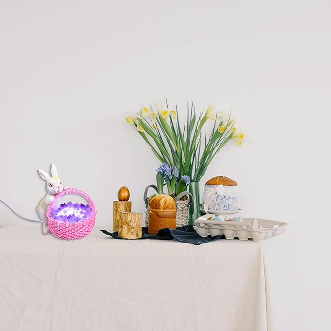 AMOYSTONE Amethyst Rabbit Night Light with Ceramic Sculpture, USB Powered Easter Home Decor Lamp for Bedroom Kids Room Gift