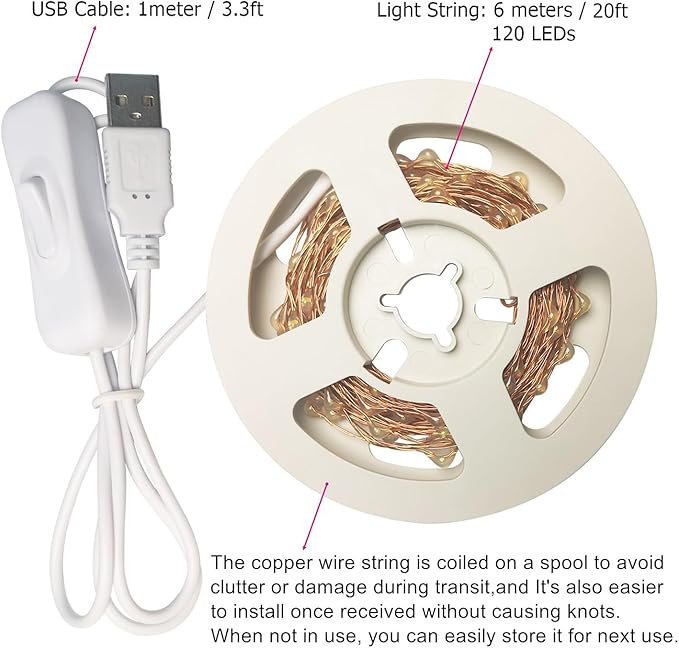 RUICHEN 20 Ft 120 LED USB Fairy String Lights with On/Off Switch, Waterproof Copper Wire Lights for Bedroom Wall Ceiling Wreath Crafts Christmas Wedding Party, Warm White, 2 Pack