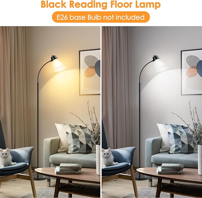 Floor Lamp for Living Room, Adjustable Head Standing Lamp with White Plastic Shade, Black Reading Floor Lamps for Dorm, Bulb not Included