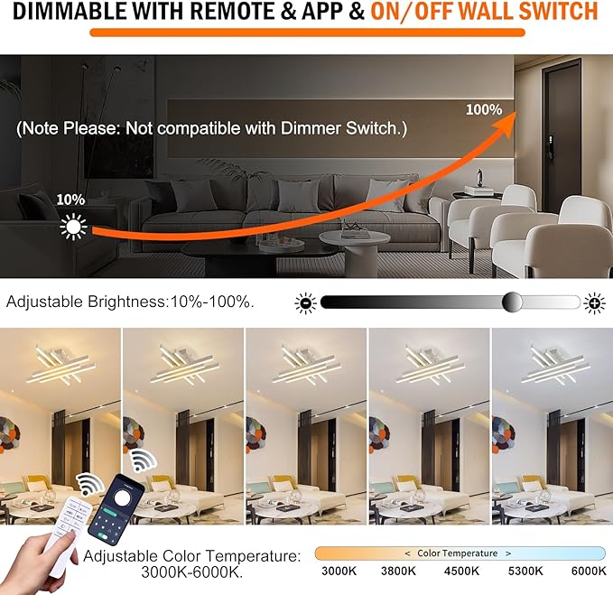 Modern LED Ceiling Light with Remote, Dimmable 21-inch Ceiling Lights for Bedroom Living Dining Room Kitchen, White Flush Mount Ceiling Light Fixture LED Chandelier Ceiling Lamp (6-Light)