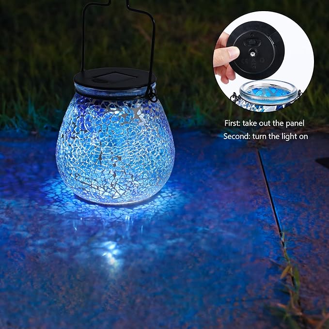 Bshine Mosaic Solar Lantern Outdoor Hanging Waterproof, Fragmented Glass Blue Mosaic Light Valentine's Day Indoor Decor Table, Garden Decor for Yard Outside, Lawn, Birthday Gift for Mom Gardening