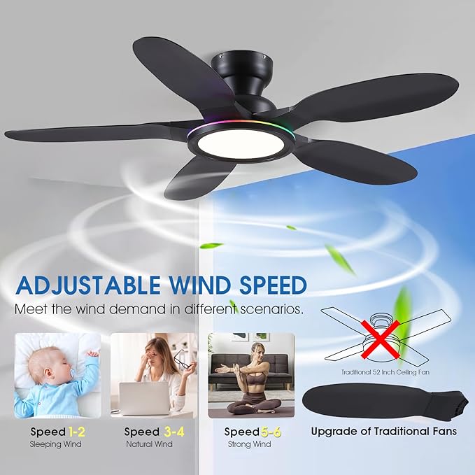Ceiling Fans with Lights and Remote/APP Control, 52 inch Low Profile Ceiling Fans with Dimmable White + RGB Ring Lights, 6 Speeds 5 Curved Blades for Kids Room Bedroom Bar, Black