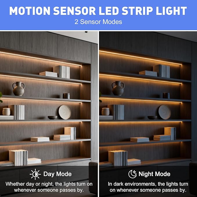 LUXJET Rechargeable Motion Sensor Wardrobe Light, 3.3ft Flexible LED Strip with 30LED, PIR and Light Sensor, Warm White Night Light for Bedroom, Kitchen, Wall, Closet, Cabinet
