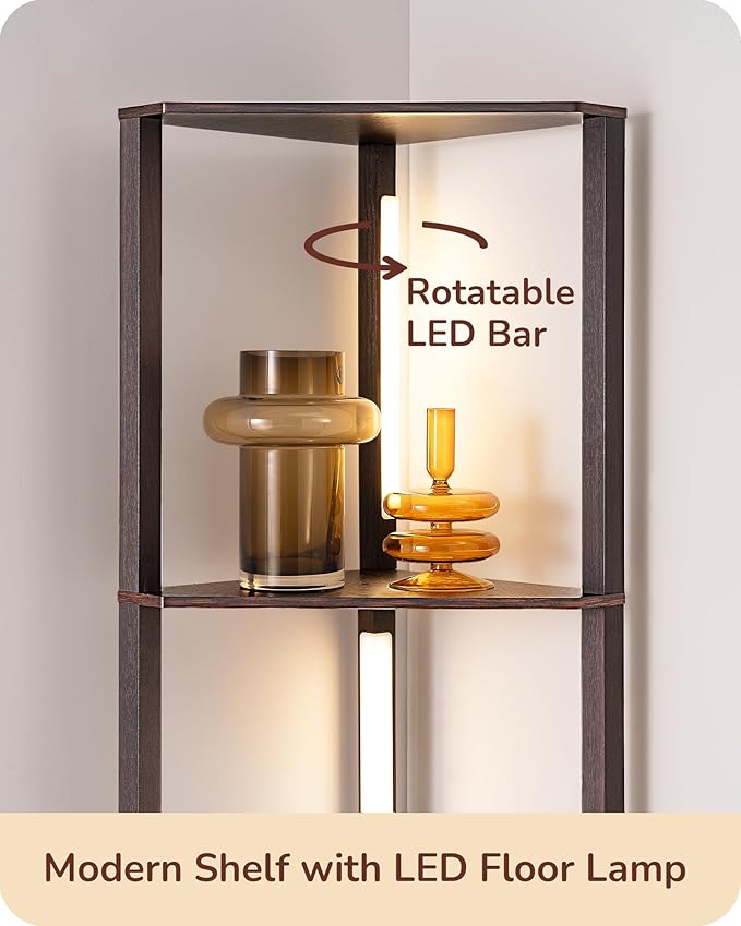 EDISHINE 64" Corner Shelf Floor Lamp for Living Room, Modern LED Corner Light with Shelves, 3CCT, Stepless Dimmable Tall Floor Light for Bedroom, Office, Dining Room, 3000K 4000K 5000K, Black Walnut