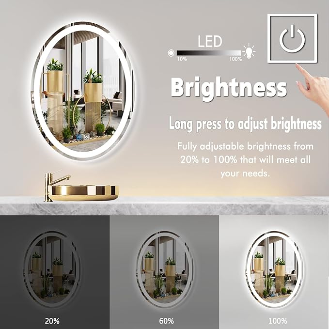 30 x 20 Inch Oval Vanity Mirror with Lights 3 Color Dimmable Memory Front Back Lights Oval LED Lighted Mirror for Bathroom Makeup Wall Mounted 30" Ovals Smart Light up Mirrors Anti Fog Modern