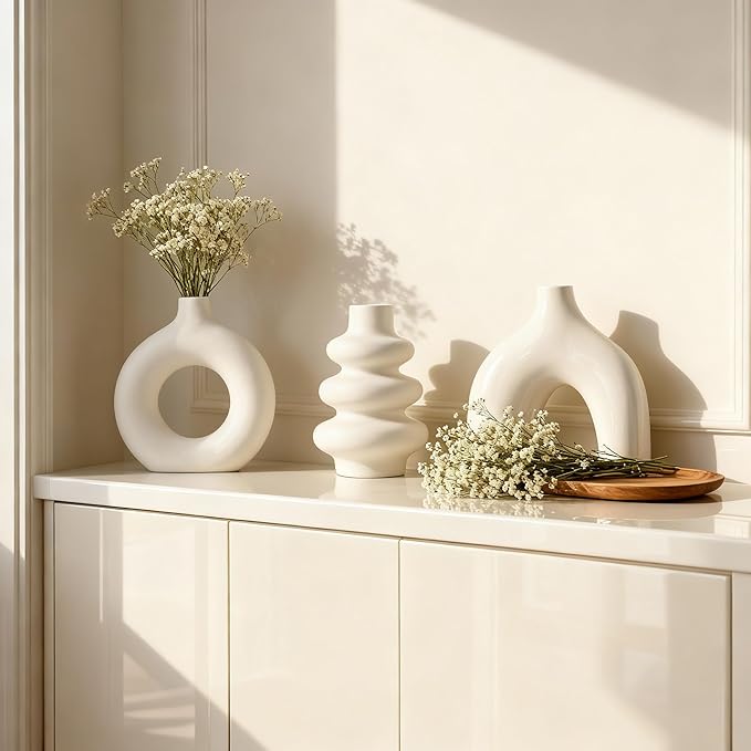 Ceramic 3 Pcs Vase Set,Modern Home Decor Table Centerpiece,Minimalist Nordic Vases, Wedding, Living Room, Bookshelf, Office, Modern Home, Entryway Boho Decor (White)