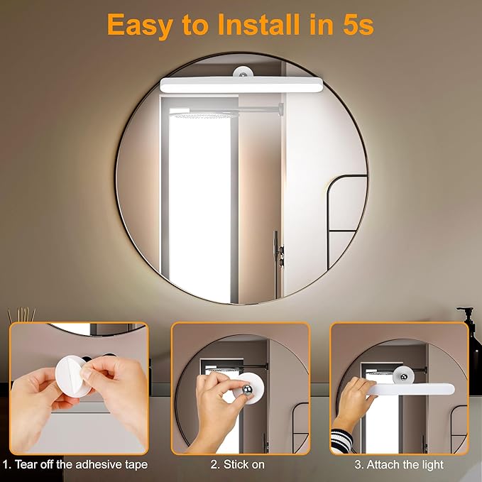 Wireless Vanity Lights for Mirror, Rechargeable Battery Operated Stick on Lamp, Adjustable Color Brightness & Angle Makeup Light, Cordless Magnetic LED Bar Renter Friendly Lighting Decor Gift