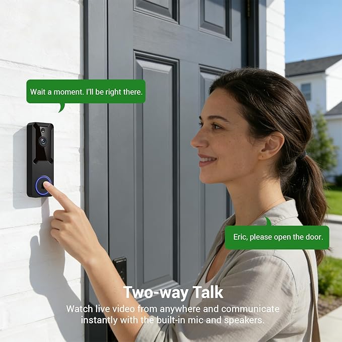 1080P Wireless Wi-Fi Video Doorbell Camera, Dome Home Security, Night Vision, Two-Way Audio, Cloud Storage, Smart AI Motion Detection, Live View, Battery Powered, Indoor Outdoor Surveillance