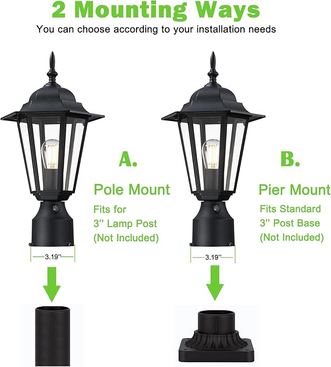Dusk to Dawn Outdoor Post Light, Pole Lantern, Waterproof Die-Cast Aluminum Pole Light Fixture with Glass, Exterior Post Lamp for Garden Yard Patio Pathway, Matte Black, 2-Pack