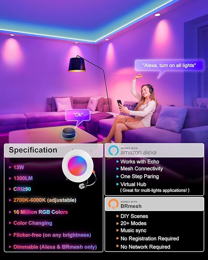Smart Recessed Lighting 6 Inch, RGBCW Color Changing LED Can Lights Bluetooth Connect, Flicker Free, 13W 1300LM, Dimmable Retrofit Downlight Works with Alexa Voice & App Control, ETL, 1 Pack