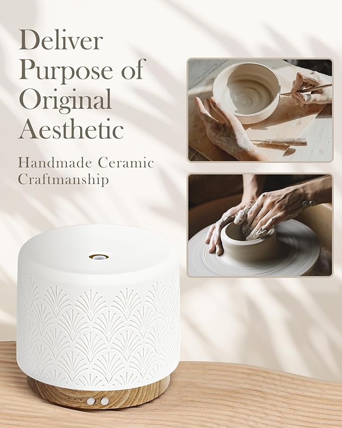 Essential Oil Diffuser -280ml Ceramic Diffuser for Large Room&Commercial Use, 2.4MHz Cool Mist Humidifier & Independent Decorative Light & Aromatherapy Diffuser, Pulse&Continuous Mist, Timer, Auto-Off