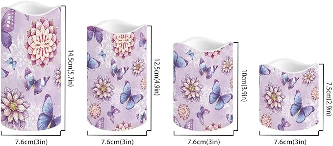 Purple Butterfly Floral Plastic Flameless Candles with Remote Control and Timer LED Flickering Battery Electric Pillar Candles for Table Home Decoration