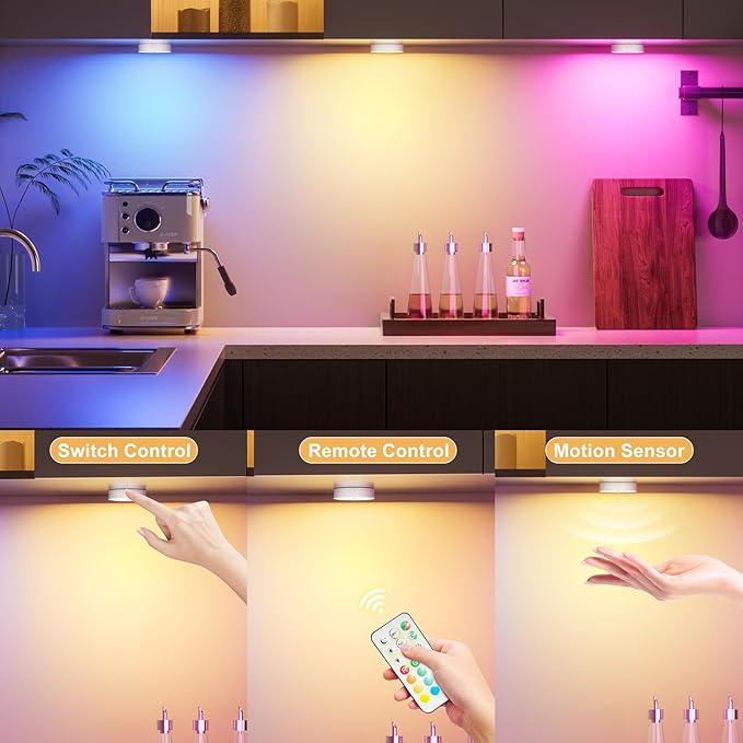 RGB Puck Lights with Remote & Motion Sensor – 1500mAh Rechargeable Under Cabinet Lighting for Kitchen, Closet & Stairs – 13 Colors, Magnetic Stick-On Lights, 4 Pack