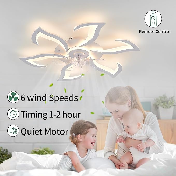 Modern Ceiling Fan with Light and Remote, Low Profile 32 Inch White Flush Mount Fandelier Ceiling Fan for Kitchen Bedroom