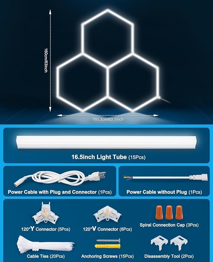 Hexagon led Lights: DIY Ceiling LED Gym Light Hexagon Garage Lights 16660LM Bigger Size for Basement Warehouse Workshop Barbershop Car Care Wash Room Auto Beauty Shop Exhibition Hall 3 Grids 6500K