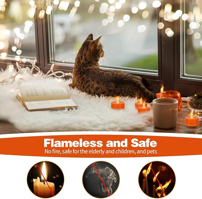 KOABY 12 Pack Warm Yellow Light Non-Flickering Flameless Tea Lights, Orange Base, Last 100H+, Battery Operated Tea Lights for Decor