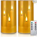 Enido Gold 2 Pc 3-in-1 Taper Flameless LED Candles with Remote, Battery Operated Acrylic Pillar Set, 3" x 6" Flickering Electric Lights for Cozy Home & Holiday Romantic Decor