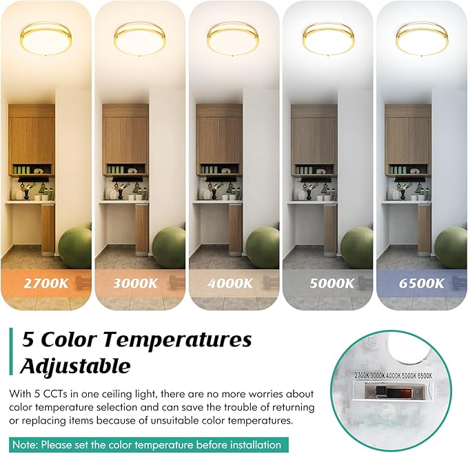 Brightever 13 Inch LED Ceiling Light Fixture, 36W 4400Lm Flush Mount Ceiling Lights, Dimmable 5CCT 2700K/3000K/4000K/5000K/6500K, Super Bright Modern Bedroom Lamps for Kitchen Hallway, Gold, 2 Packs