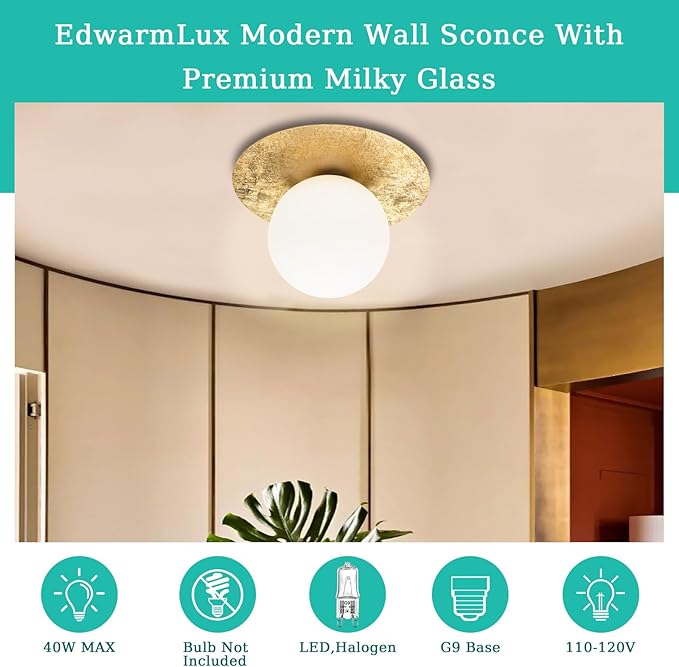 1 Light Wall Sconce, Mid Century Modern Globe Wall Sconce, Ceiling Light Fixture, Vanity Light Fixture, Indoor Wall Light for Living Room Bedroom Hallway Bathroom Entry (Gold)