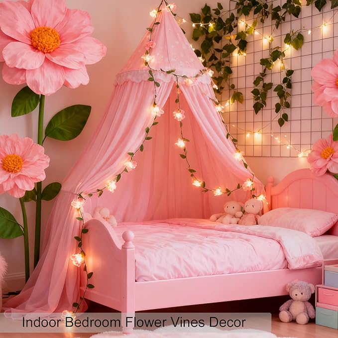 Fairy Flower Leaf String Lights, USB Plug in 16.5ft 50 LED Decorative Pink Cherry Blossom Vine for Girl's Bed Room Window Wall Wedding Birthday Party Christmas Hanging Indoor Decorations
