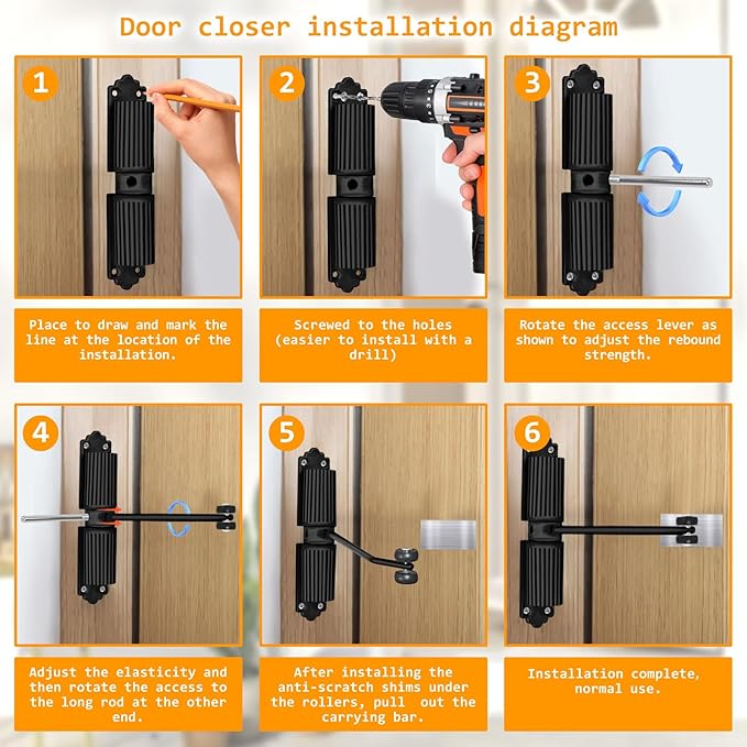 Automatic Door Closer - Heavy Duty Automatic Safety Spring Door Closer, Adjustable Tension Spring Action, for Wooden Doors up to 140 lbs with, Installation Hardware (Black)