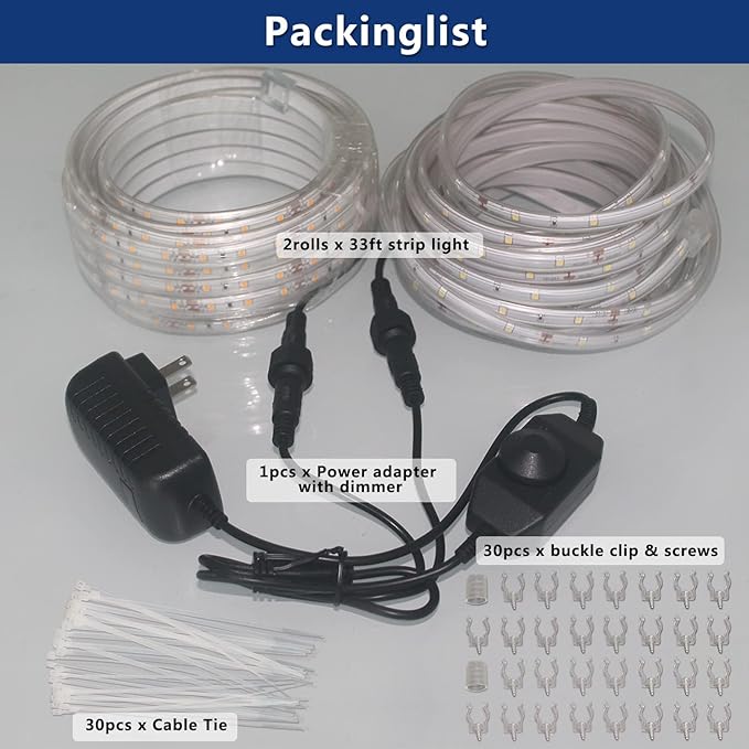 33FT 2-Pack 12V LED Rope Lights Outdoor - 1200 LEDs Warm White Dimmable Thick Flat Rope Lighting Waterproof for Street,Ceiling,Backyards,Commercial Use Indoor Outdoor Tape Lights