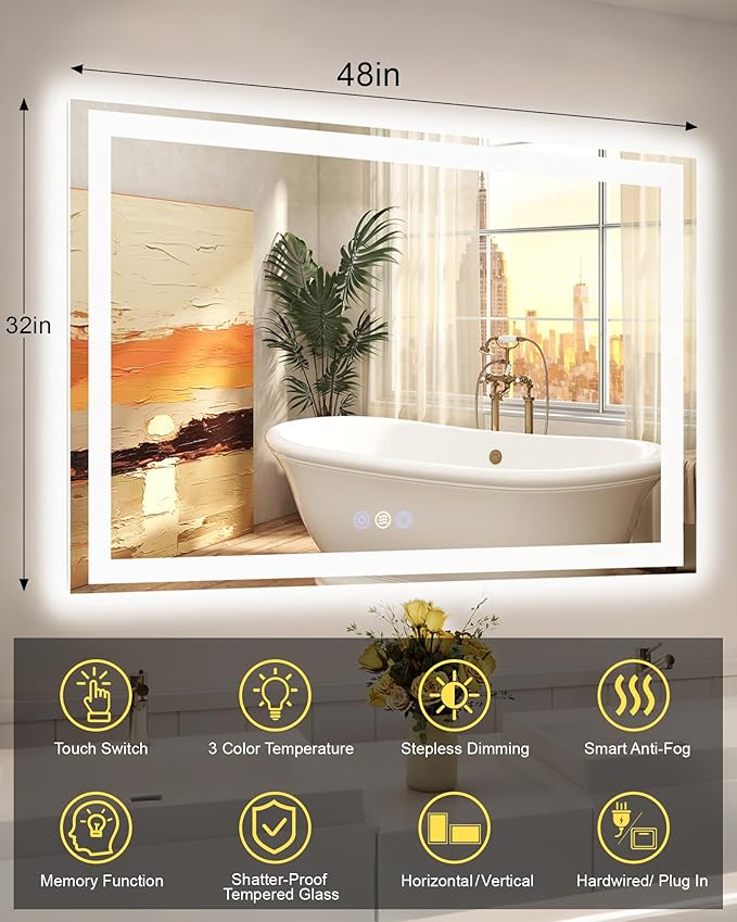 48x32 LED Bathroom Mirror with Lights, Super Bright Front & Backlit Vanity Mirror for Wall, Anti-Fog & Memory Smart Mirror, 5mm Shatter-Proof Tempered Glass, ETL Listed, Vertical/Horizontal