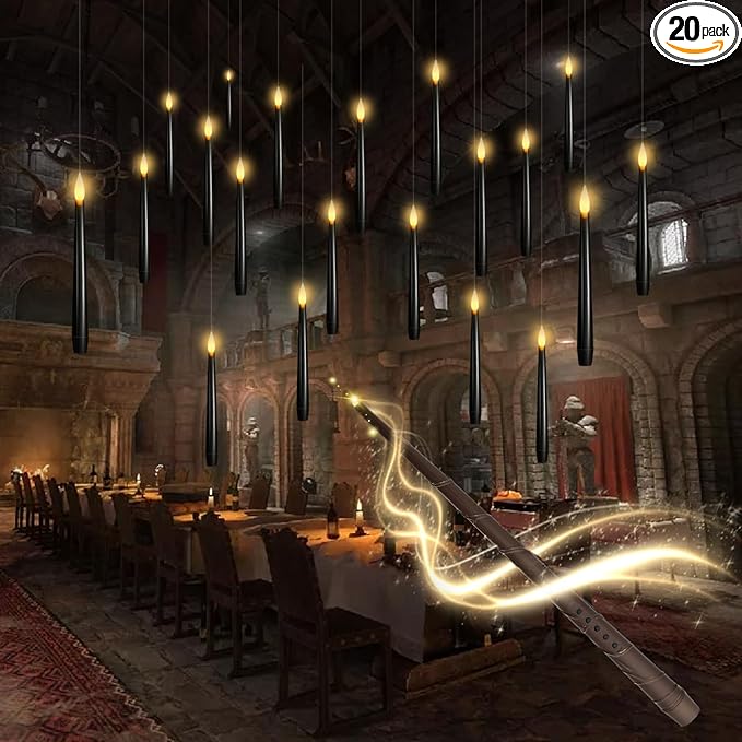 Flameless Floating Candles with Wand，20 Pcs Magic LED Hanging Taper Candles，Flickering Battery Operated Taper Candle with Wand Remote for Halloween Decorations Best Gift(Black)