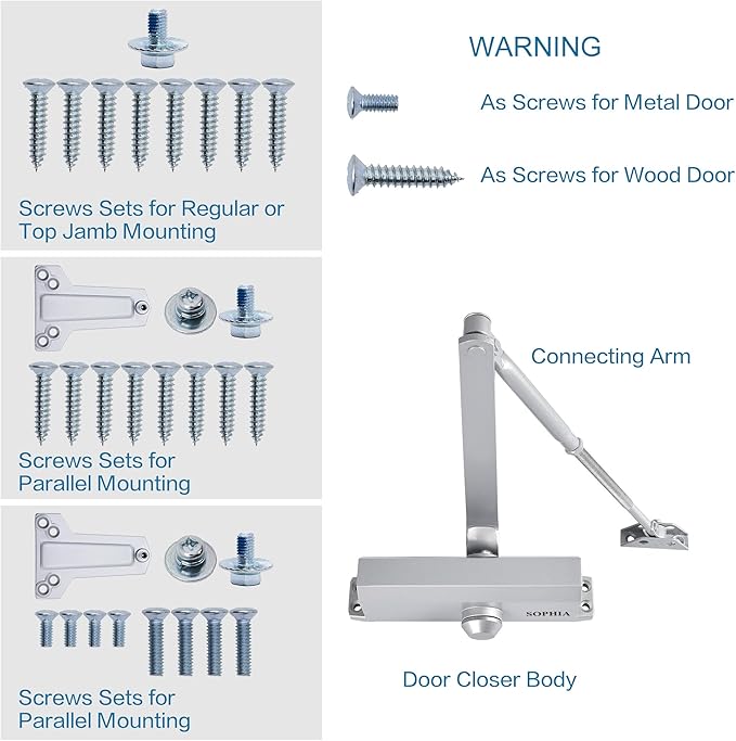 SOPHIA Commercial Door Closer Grade 2, Automatic Door Closer DK700, Hydraulic Auto for Home & Light Commercial Property (Size 3), ADA & UL, Silver Aluminum