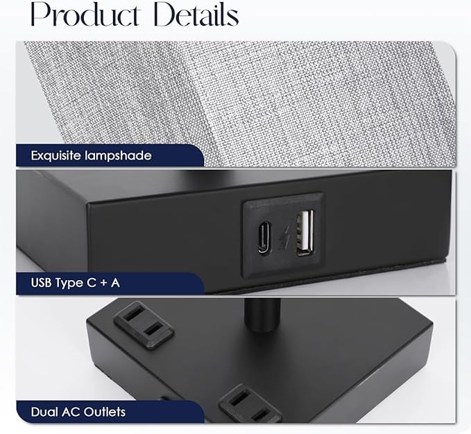 Bedside Table Lamps Set of 2 - Touch Nightstand Lamp for Bedroom with USB C+A Charging Ports & AC Outlets, 3-Way Dimmable Desk Lamp Grey Fabric Shade for Bedroom Living Room, Office(Bulb Included)