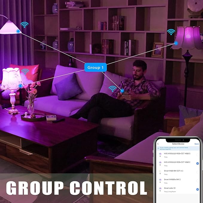 Homevenus HVS Smart Light Bulbs, 9W Equivalent 60W A19 E26 RGBW Color Changing LED Light Bulbs, Music Sync App 2.4GHz WiFi Dimmable Tunable White Work with Alexa Google Assistant, 2 Pack