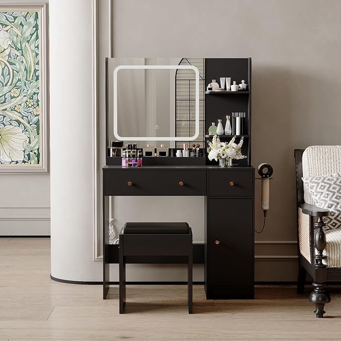 Vanity Desk with Mirror and Lights,Power Outlet,Makeup Vanity Table Set with Storage Drawers Shelves Cabinet& Chair,3 Lighting Modes & Adjustable Brightness,Dressing Table for Bedroom