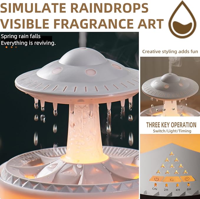 Raindrop Humidifier for Bedroom Large Room -Air Humidifiers and Aromatherapy Diffuser,Ultrasonic humidifier,Quiet humidifier with Ambient Light & 4 Timer,Waterless Auto Off (No remote control)